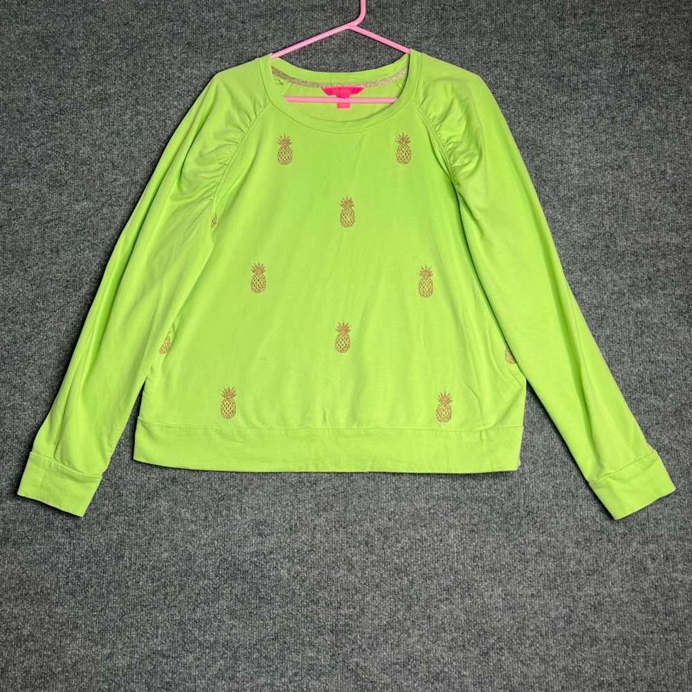 Lilly Pulitzer Aldean Womens XL Lime Green Gold Pineapple Sweatshirt Puff